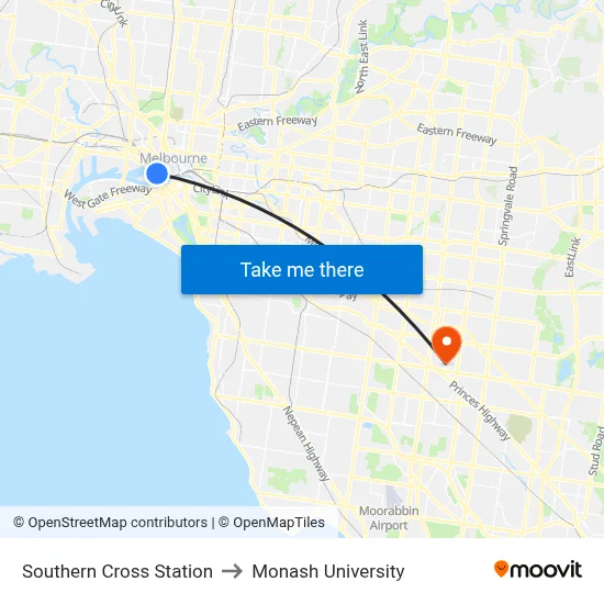 Southern Cross Station to Monash University map