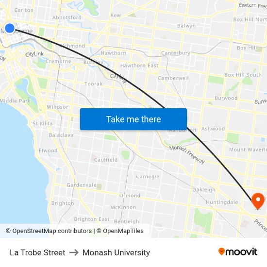 La Trobe Street to Monash University map