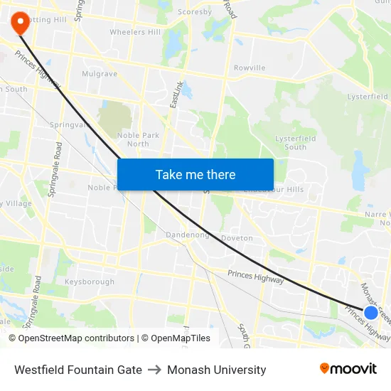 Westfield Fountain Gate to Monash University map