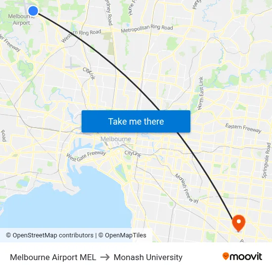 Melbourne Airport MEL to Monash University map