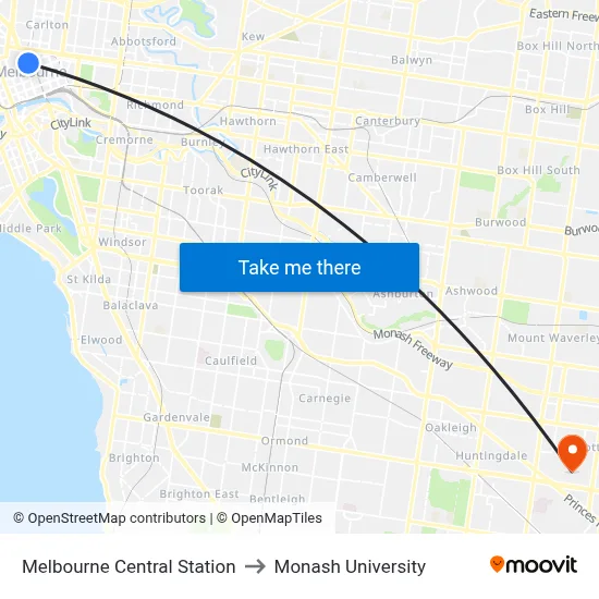 Melbourne Central Station to Monash University map