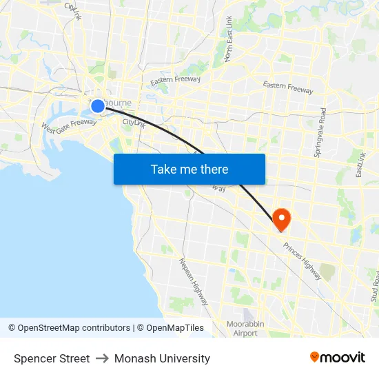 Spencer Street to Monash University map
