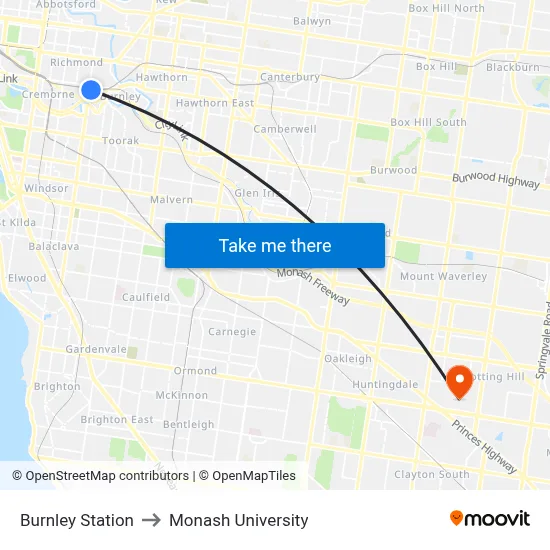 Burnley Station to Monash University map