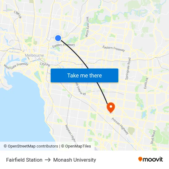 Fairfield Station to Monash University map