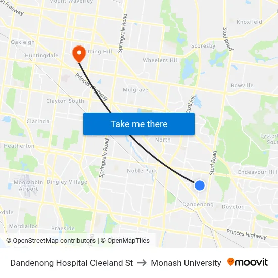 Dandenong Hospital Cleeland St to Monash University map
