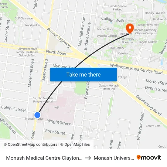 Monash Medical Centre Clayton Rd to Monash University map
