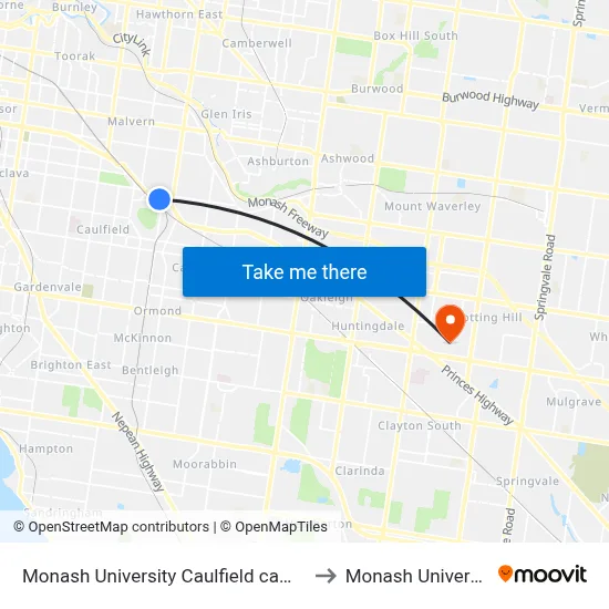 Monash University Caulfield campus to Monash University map