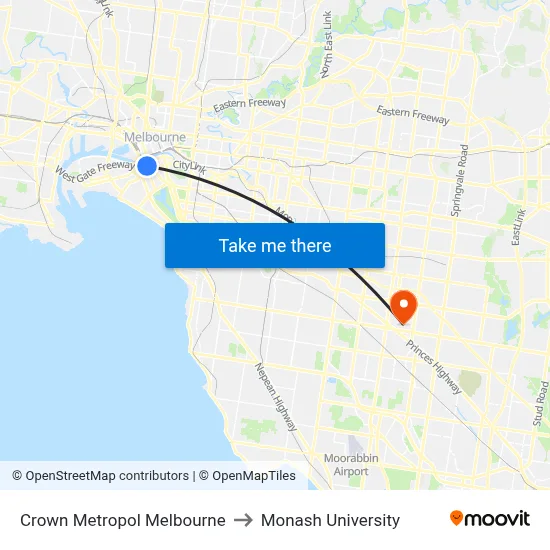 Crown Metropol Melbourne to Monash University map