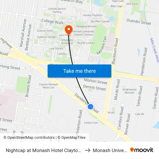 Nightcap at Monash Hotel Clayton North to Monash University map