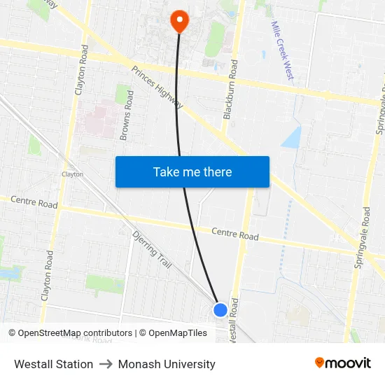 Westall Station to Monash University map