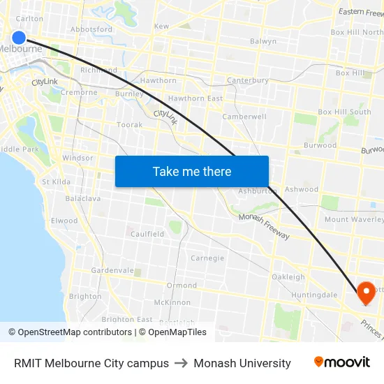 RMIT Melbourne City campus to Monash University map