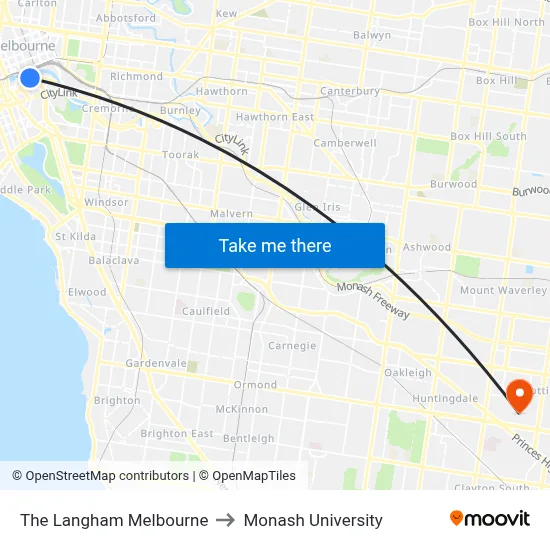 The Langham Melbourne to Monash University map
