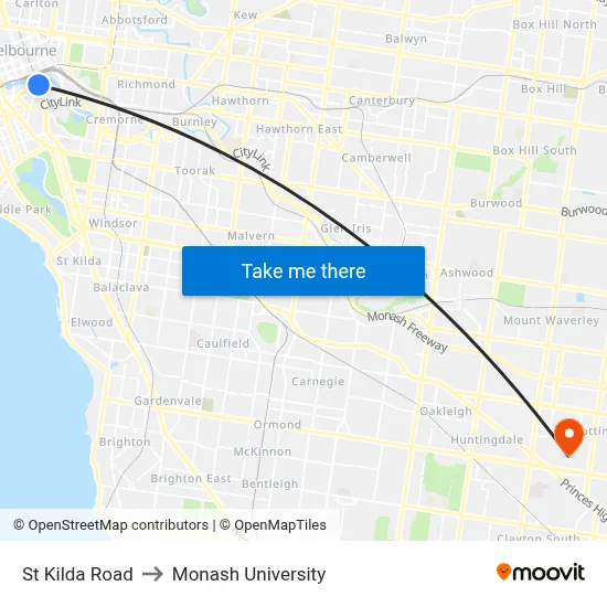 St Kilda Road to Monash University map