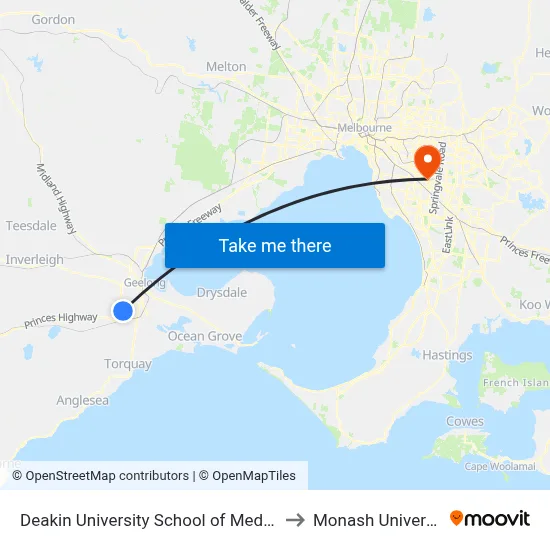 Deakin University School of Medicine to Monash University map