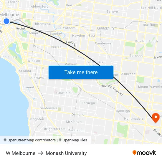 W Melbourne to Monash University map