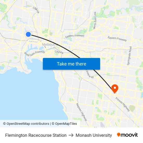 Flemington Racecourse Station to Monash University map