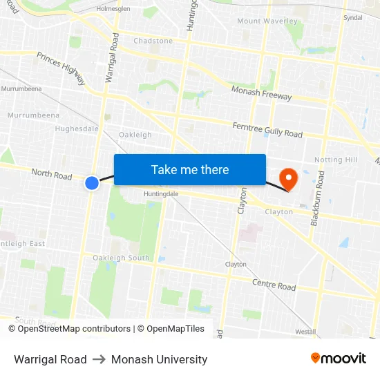 Warrigal Road to Monash University map