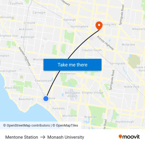 Mentone Station to Monash University map