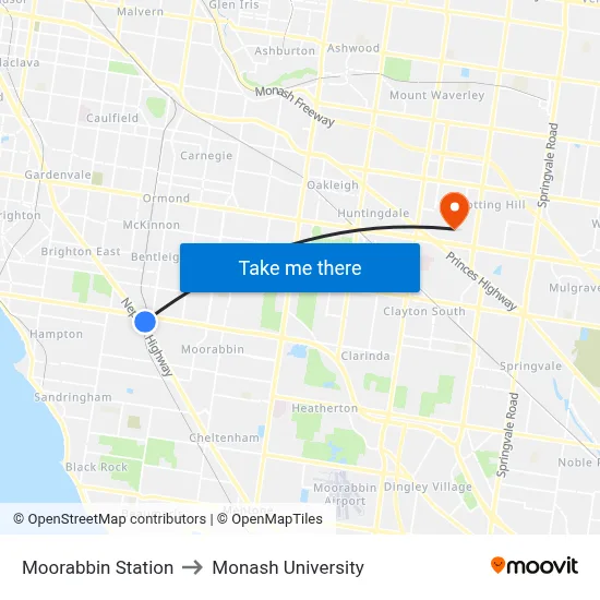 Moorabbin Station to Monash University map
