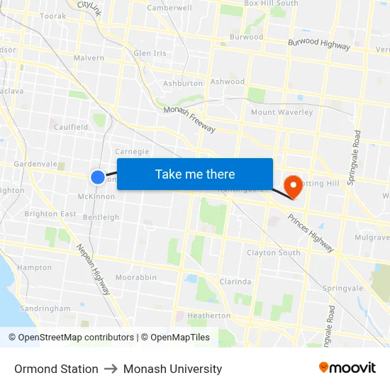 Ormond Station to Monash University map