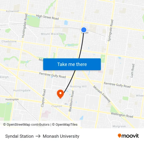 Syndal Station to Monash University map