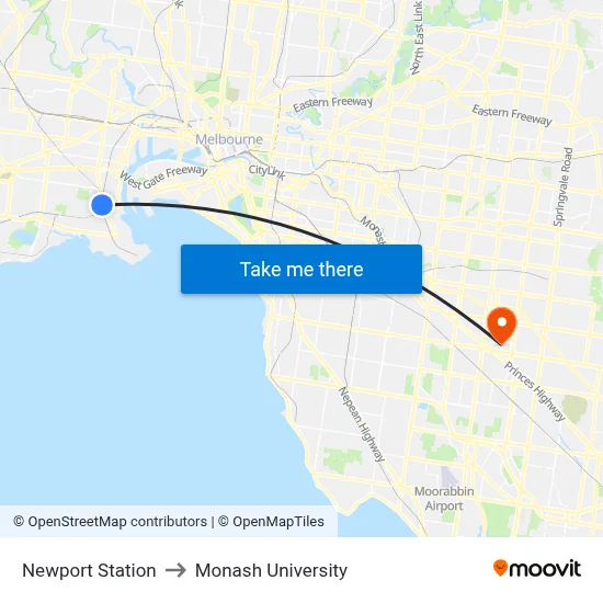 Newport Station to Monash University map