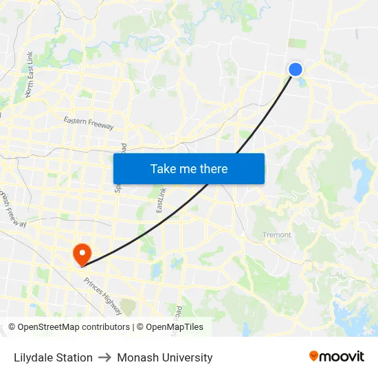 Lilydale Station to Monash University map
