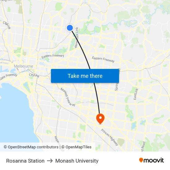Rosanna Station to Monash University map