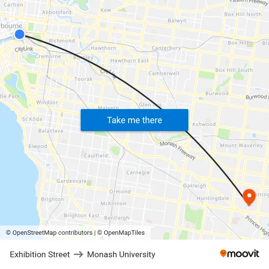 Exhibition Street to Monash University map