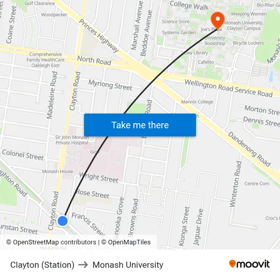 Clayton (Station) to Monash University map