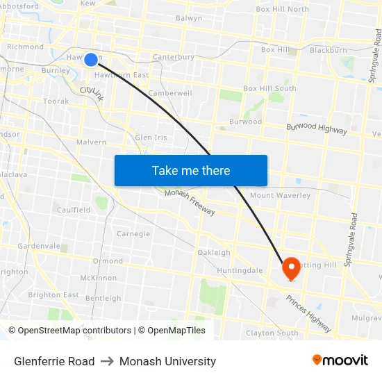 Glenferrie Road to Monash University map