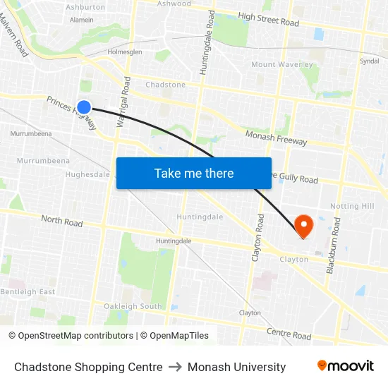 Chadstone Shopping Centre to Monash University map