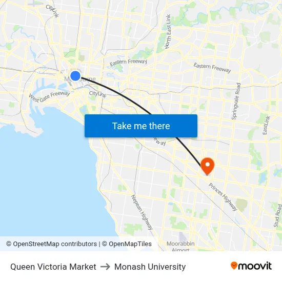 Queen Victoria Market to Monash University map