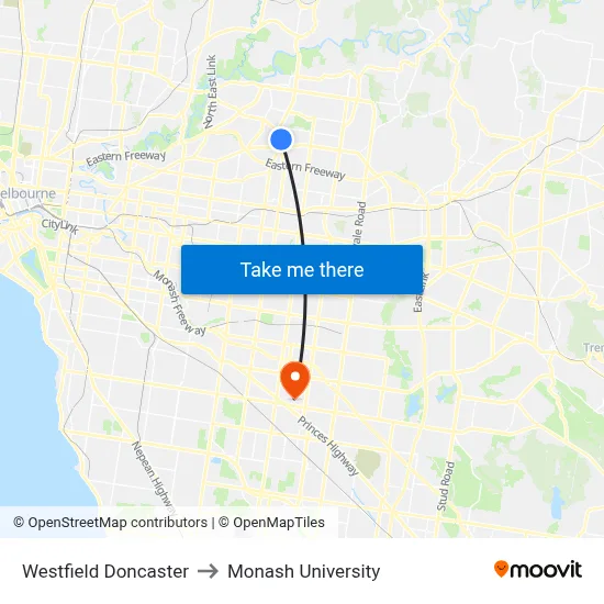 Westfield Doncaster to Monash University map