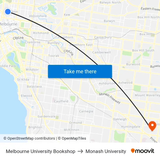 Melbourne University Bookshop to Monash University map