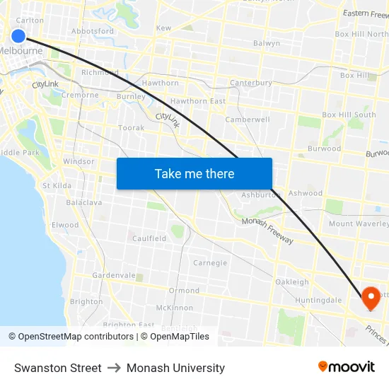 Swanston Street to Monash University map