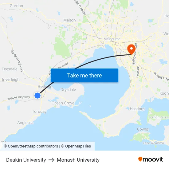 Deakin University to Monash University map