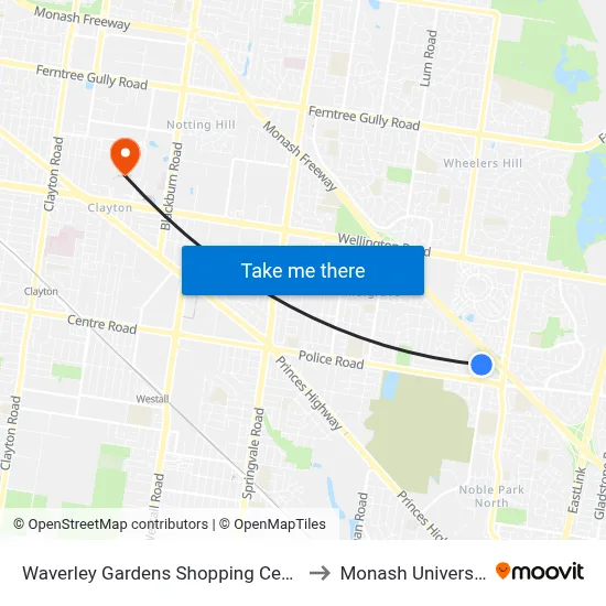 Waverley Gardens Shopping Centre to Monash University map