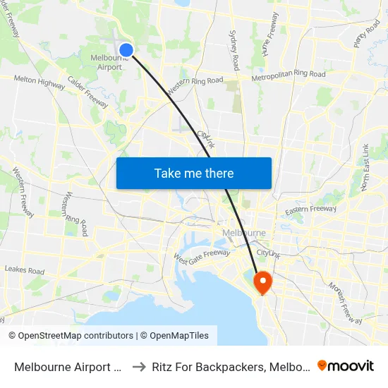 Melbourne Airport MEL to Ritz For Backpackers, Melbourne map