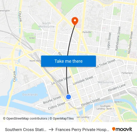 Southern Cross Station to Frances Perry Private Hospital map