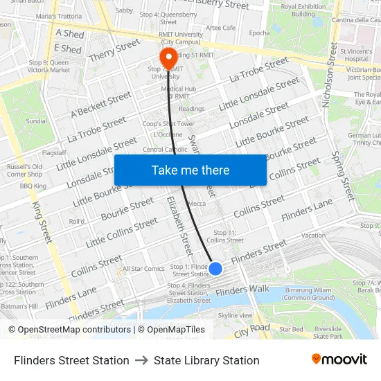 Flinders Street Station to State Library Station map