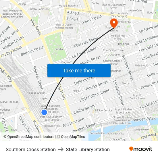 Southern Cross Station to State Library Station map