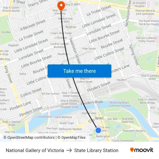 National Gallery of Victoria to State Library Station map