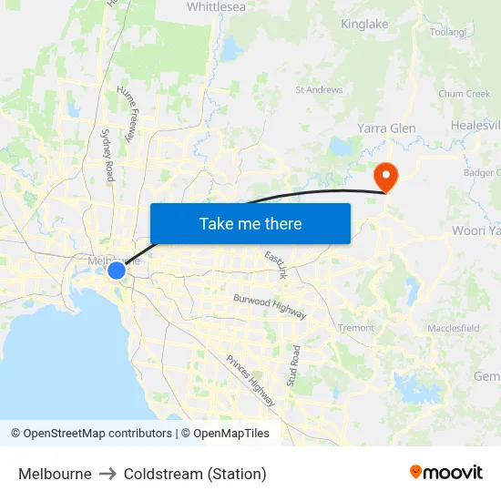Melbourne to Coldstream (Station) map