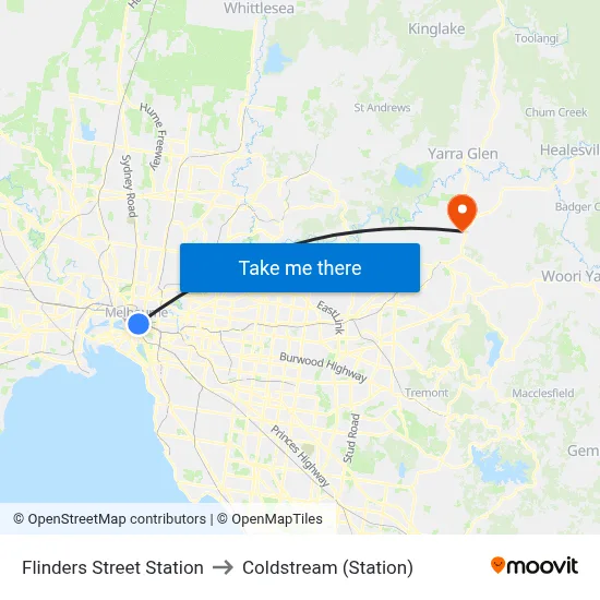 Flinders Street Station to Coldstream (Station) map