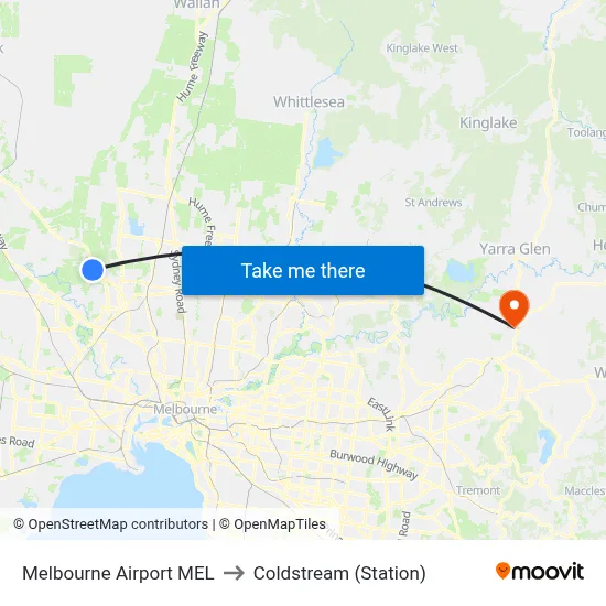 Melbourne Airport MEL to Coldstream (Station) map