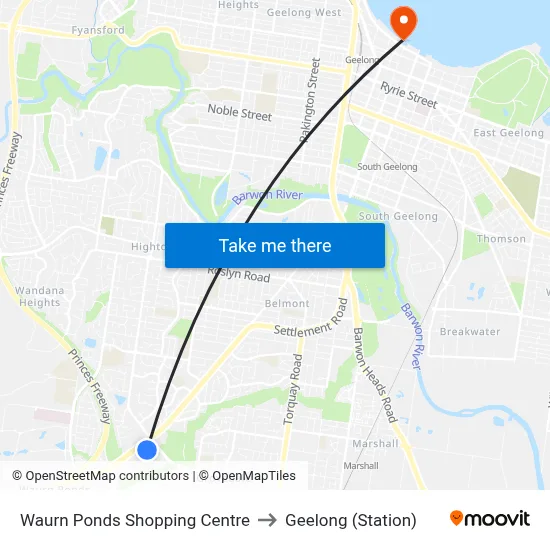 Waurn Ponds Shopping Centre to Geelong (Station) map