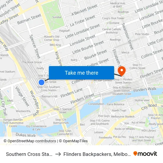 Southern Cross Station to Flinders Backpackers, Melbourne map