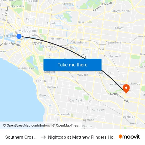Southern Cross Station to Nightcap at Matthew Flinders Hotel, Chadstone map