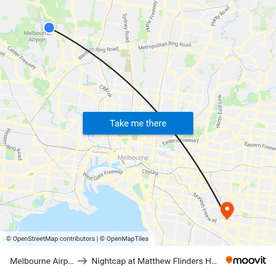 Melbourne Airport MEL to Nightcap at Matthew Flinders Hotel, Chadstone map